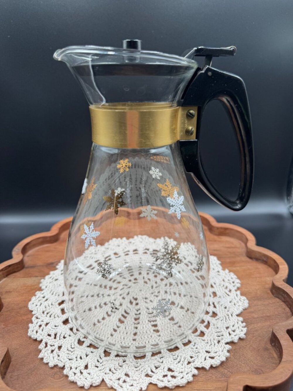Vintage Pyrex Gold Snowflake Carafe Coffee Server MCM